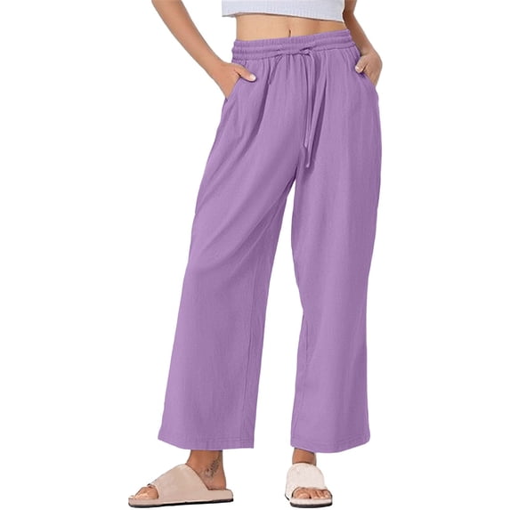 Owordtank Women Linen Pants Summer Casual Loose Wide Leg Palazzo Pants Smocked High Waist Flowy Beach Trousers