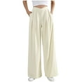 thumbnail image 1 of Owordtank Women Dressy V Cut High Waisted Pleated Pants Casual Wide Leg Trousers Linen Suit Pants, 1 of 5
