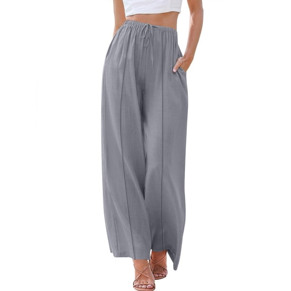 Owordtank Women Summer Linen Beach Flowy Pants Lightweight Drawstring Waist Wide Leg Vacation Clothes with Pockets
