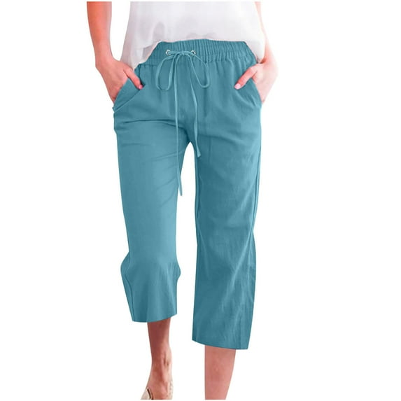 Owordtank Capri Pants for Women Casual Summer Cotton Linen Capris Drawstring Elastic High Waist Pants Cropped Trouser