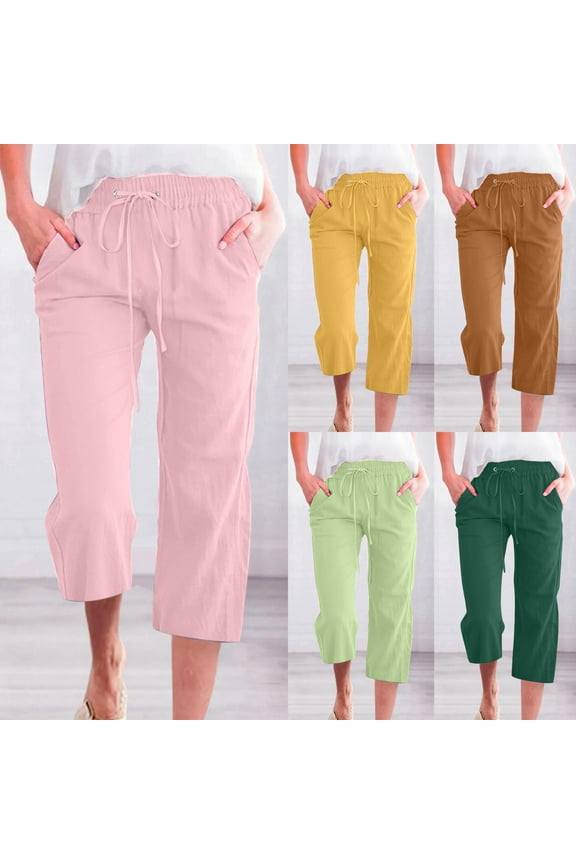 Womens Summer Capri Pants Casual Cotton Linen High Waist Drawstring Cinch Bottom Loose Trouser