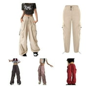 Owordtank Streetwear Baggy Cargo Pants for Women Ladies Juniors Wide Leg Palazzo Pants with Pockets