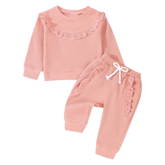 Owordtank Toddler Baby Girl Clothes Waffle Long Sleeve Ruffle Sweatshirts and Pants Little Kid Fall Winter Outfit for 0-3T