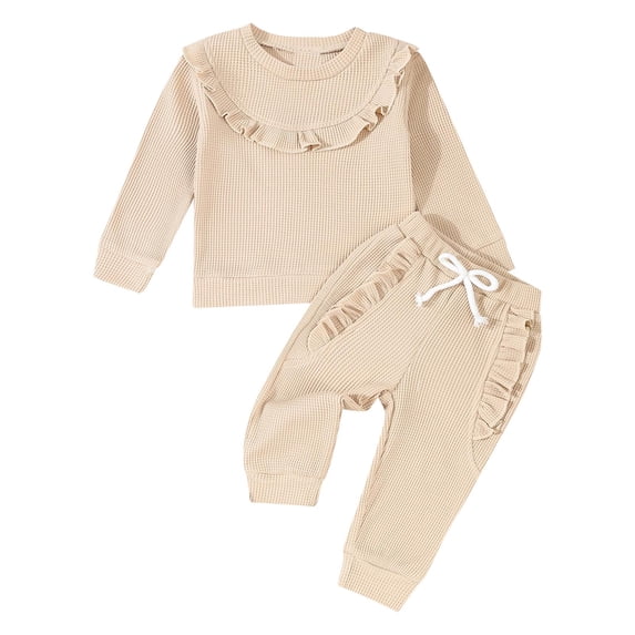 Owordtank Toddler Baby Girl Clothes Waffle Long Sleeve Ruffle Sweatshirts and Pants Little Kid Fall Winter Outfit for 0-3T
