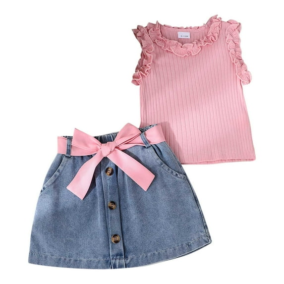 Owordtank Toddler Baby Girl Denim Skirt Set 2 Piece Outfit Ruffle Sleeveless Tank Top and Skirts with Belt Summer Clothes Sets