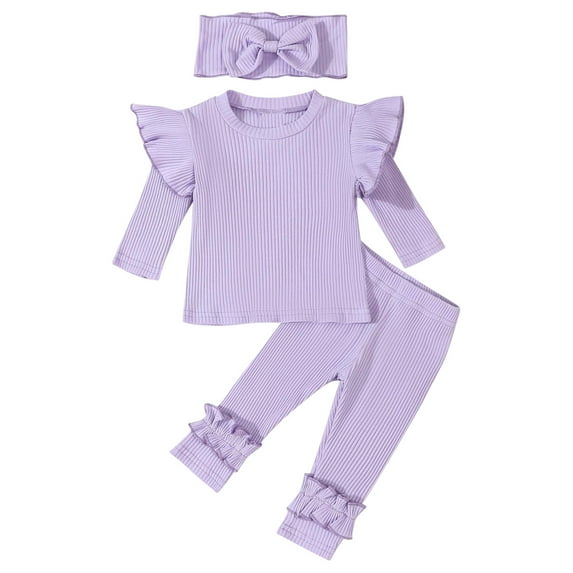 Owordtank Toddler Baby Girl Fall Clothes Solid Color Ribbed Knit Long Sleeve Ruffle Shirts Pants Cute Infant Winter Outfits