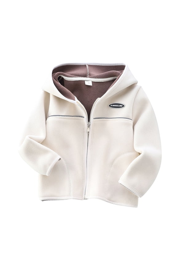 Toddler Fleece Zip Hooded Jacket, Contrast Lining Badge Decor Warm Daily Outerwear 2-8Years