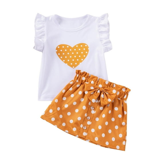 Owordtank Toddler Girl Summer Outfits Baby Ruffle Sleeve Heart Print T-Shirt and Bow Polka Dots Skirt Sets Cute Clothes