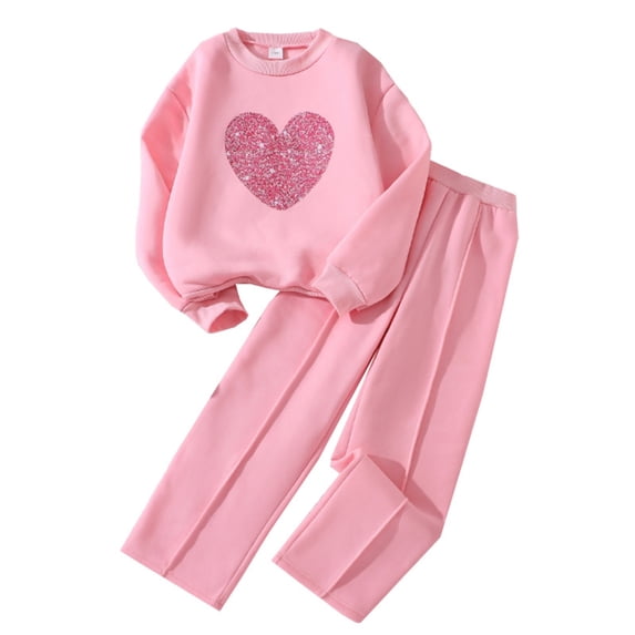 Owordtank Toddler Girls 2-Piece Outfit, Crew Neck Heart Print Top And Casual Pant Set for 8-13T