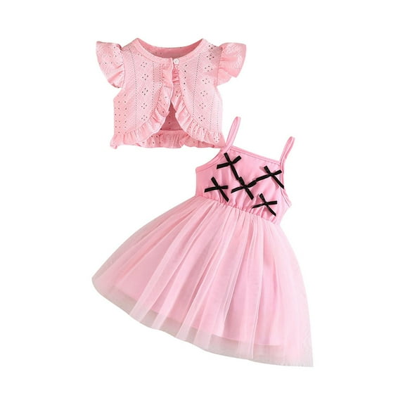 Owordtank Toddler Girls 2 Piece Outfits Tulle Cute Camisole Dress with Flutter Sleeve Eyelets Cardigan Set Summer Clothes