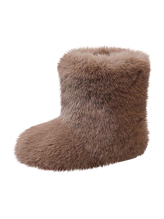 Toddler Girls Faux Fur Boots Fluffy Furry Snow Boots Mid Calf Winter Warm Outdoor Flat Boots for Kids
