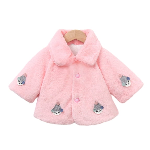 Owordtank Toddler Girls Faux Fur Coat Cute Cartoon Embroidery Lapel Button Plush Warm Winter Outerwear