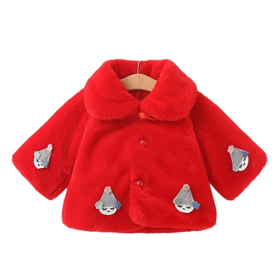 Owordtank Toddler Girls Faux Fur Coat Cute Cartoon Embroidery Lapel Button Plush Warm Winter Outerwear