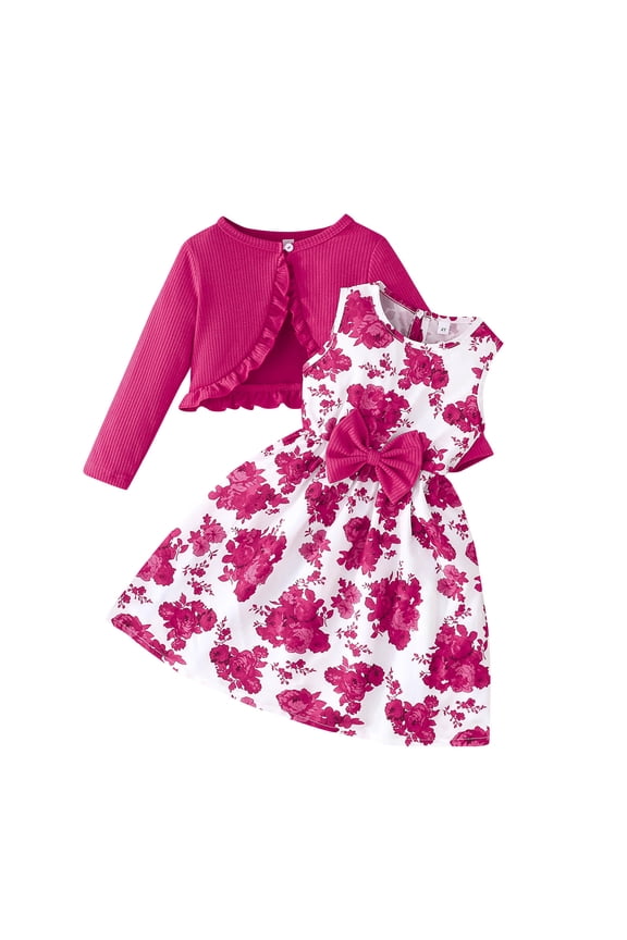 Toddler Girls Floral Dress with Cardigan: 2-Piece Ruffle Shrug Sweater & Dress for Spring, Easter Clothes for Girls 2-10 Years