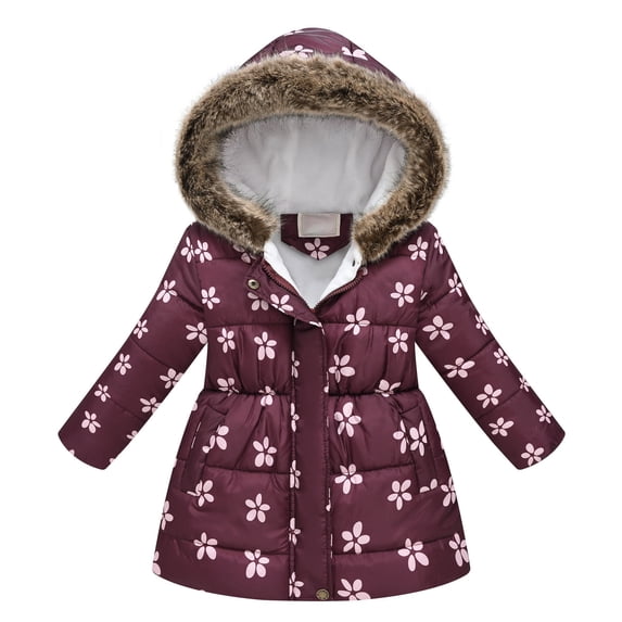 Owordtank Toddler Girls Floral Print Fleece Lined Long Puffer Jacket Fur Trim Hood Warm Winter Coat