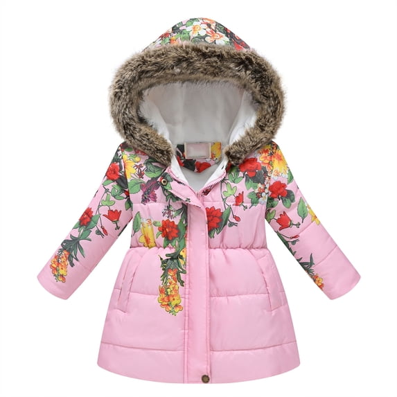 Owordtank Toddler Girls Floral Print Fleece Lined Long Puffer Jacket Fur Trim Hood Warm Winter Coat