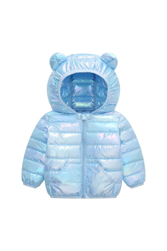 Toddler Girls Holographic Pink 3D Bear Ear Hooded Puffer Jacket Warm Winter Outerwear 12 Months-5 Years