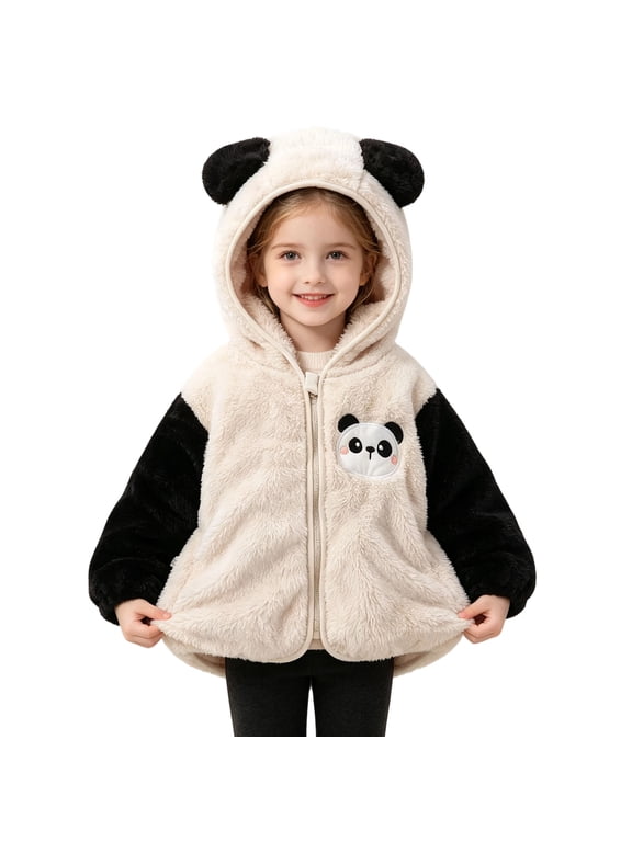 Toddler Girls Panda Ear Hooded Fleece Jacket Color Block Panda Embroidery Zip Up Warm Plush Coat