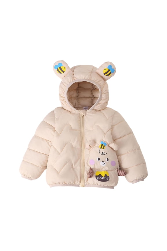 Toddler Girls Quilted Puffer Jacket Bear Ear Hood Bee Cartoon Print Zip Up Lightweight Winter Coat