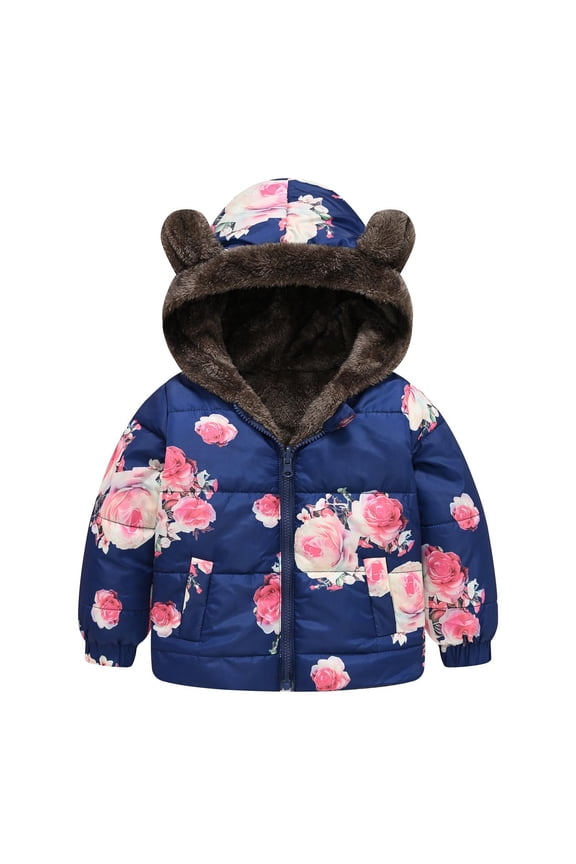 Toddler Kids Fleece Lined Puffer Jacket Colorful Heart Print Bear Ear Hooded Warm Winter Coat