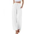 thumbnail image 1 of Owordtank Women Summer Linen Beach Flowy Pants Lightweight Drawstring Waist Wide Leg Vacation Clothes with Pockets, 1 of 7