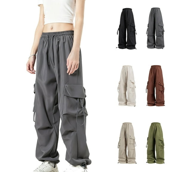Owordtank Women's Baggy Cargo Pants with Pockets - High Waist Wide Leg Casual Parachute Pants, Elastic Drawstring Waist for Jogging, Travel & Street Style