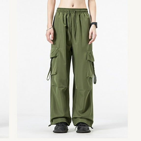 Owordtank Women's Baggy Cargo Pants with Pockets - High Waist Wide Leg Casual Parachute Pants, Elastic Drawstring Waist for Jogging, Travel & Street Style