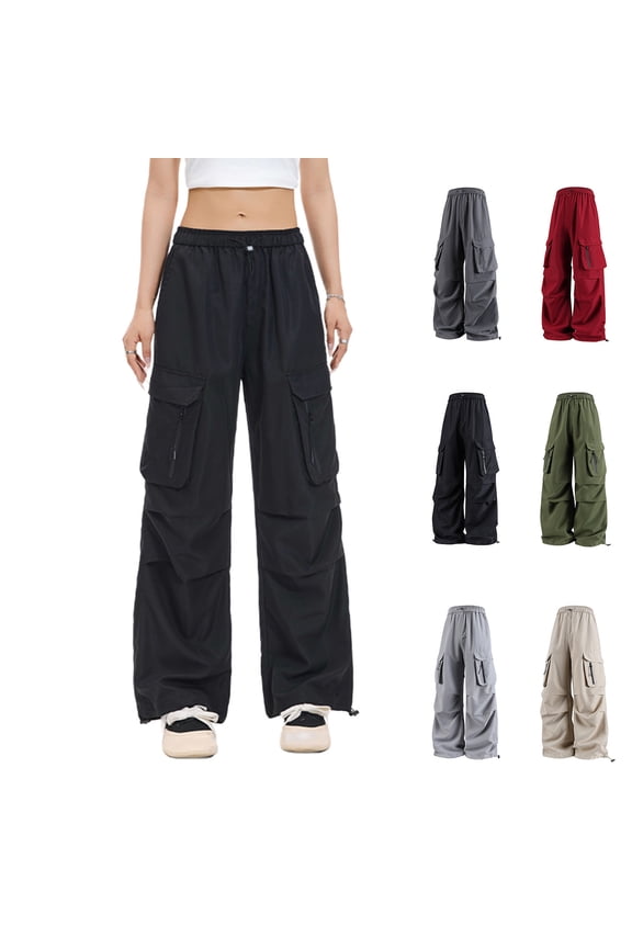 Women's Cargo Pants High Waisted Wide Leg - Casual Loose Fit Drawstring Elastic Waist Trousers with Flap Pockets, Baggy Streetwear & Lightweight Hiking Travel Joggers