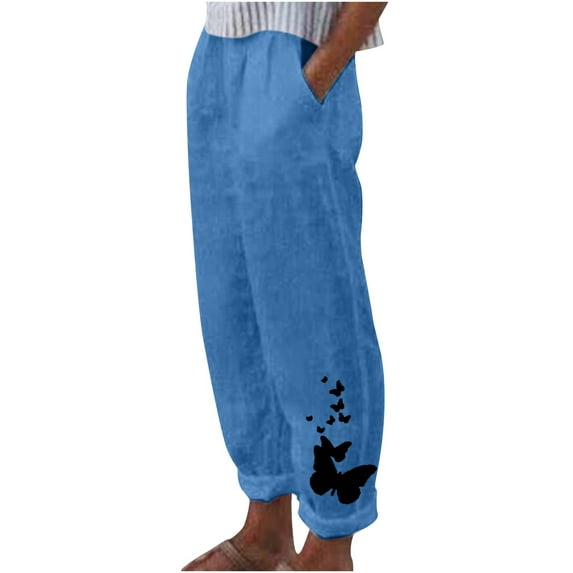 Owordtank Women's Cotton Linen Long Pants with Pockets Floral Print Loungewear Pants