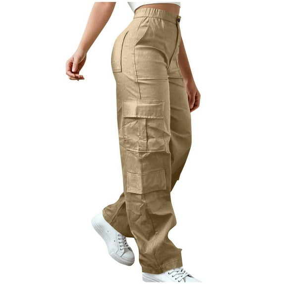 Owordtank Women's Elastic High Waist Cargo Pants - Wide Leg Baggy Casual Trousers for Hiking, Streetwear Outfits with Multiple Pockets