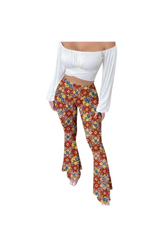 Women's High Waisted Flare Leggings Retro 70s Bell Bottoms - Soft Stretchy Yoga Pants with Boho Leopard & Floral Print, Hippie Style