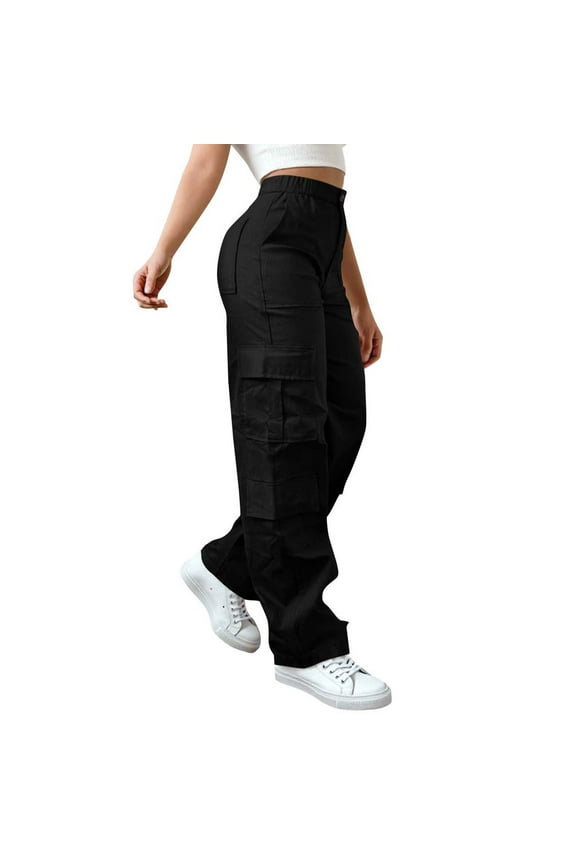 Women's High Waisted Hiking Cargo Pants - Baggy Wide Leg Streetwear Trousers with 6 Pockets, Drawstring Elastic Waist for Outdoor Activities