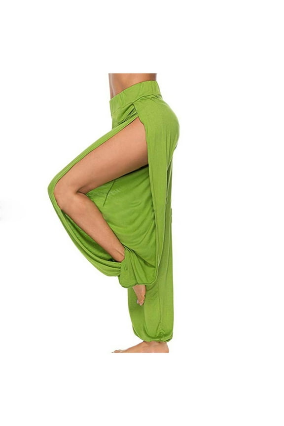 Women's Hippie Yoga Pants with Side Slit Ruffle Long Loose Wide Leg Flowy Lantern Trouser