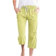 OWORDTANK Capri Pants for Women Casual Summer Capris Linen Pants Pockets Beach Straight Wide Leg Cropped Trousers