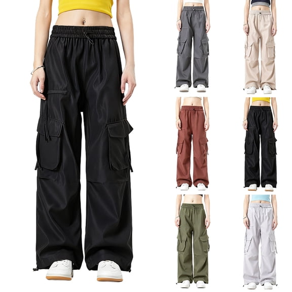 Owordtank Women's Parachute Cargo Joggers Baggy - Wide Leg Casual Pants with Pockets, Elastic Drawstring Waist for Comfortable Streetwear