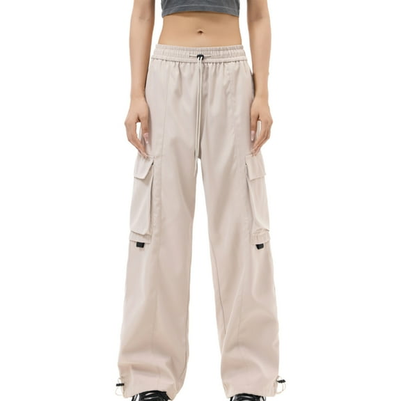 Owordtank Women's Parachute Cargo Pants Baggy Fit - High Waist Wide Leg Casual Joggers with Multiple Pockets, Elastic Drawstring Waist for Streetwear