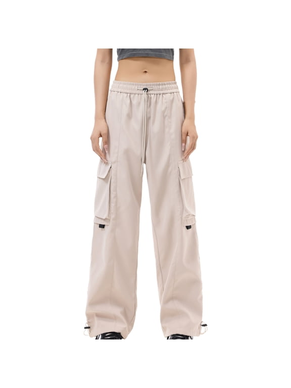 Women's Parachute Cargo Pants Baggy Fit - High Waist Wide Leg Casual Joggers with Multiple Pockets, Elastic Drawstring Waist for Streetwear