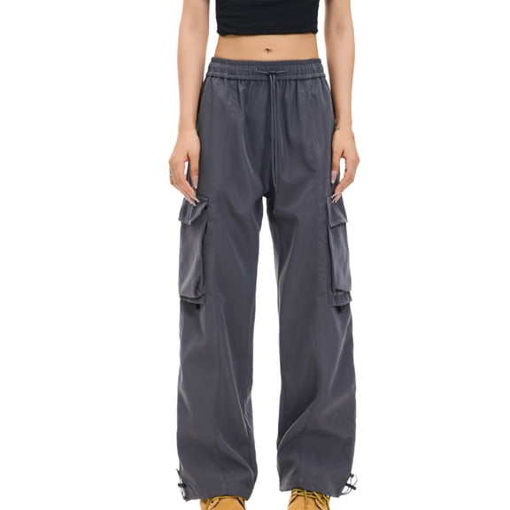 Owordtank Women's Parachute Cargo Pants Baggy Fit - High Waist Wide Leg Casual Joggers with Multiple Pockets, Elastic Drawstring Waist for Streetwear