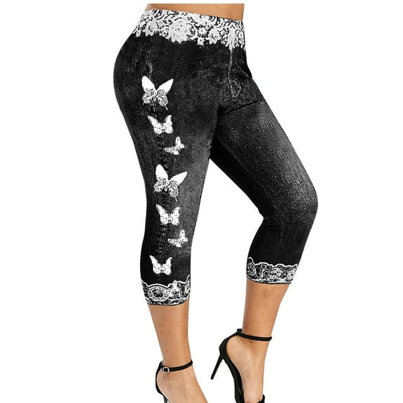Owordtank Women's Plus Size Butterfly Print Denim Capri Pants Faux Mid Waisted Leggings Skinny Embroidery Jeggings