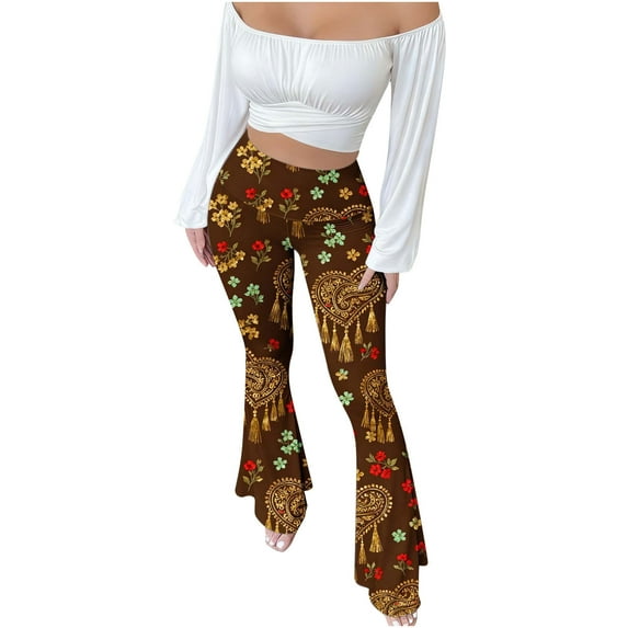 Owordtank Women's Vintage Patterned Flare Pants High Waisted - 70s Retro Hippie Bell Bottoms Made from Soft Stretchy Yoga Pant Material