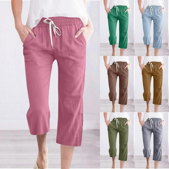 Owordtank Capri Pants for Women Linen Summer Pants Elastic Waist Pants Straight Leg Lounge Pants Casual Beach Pants