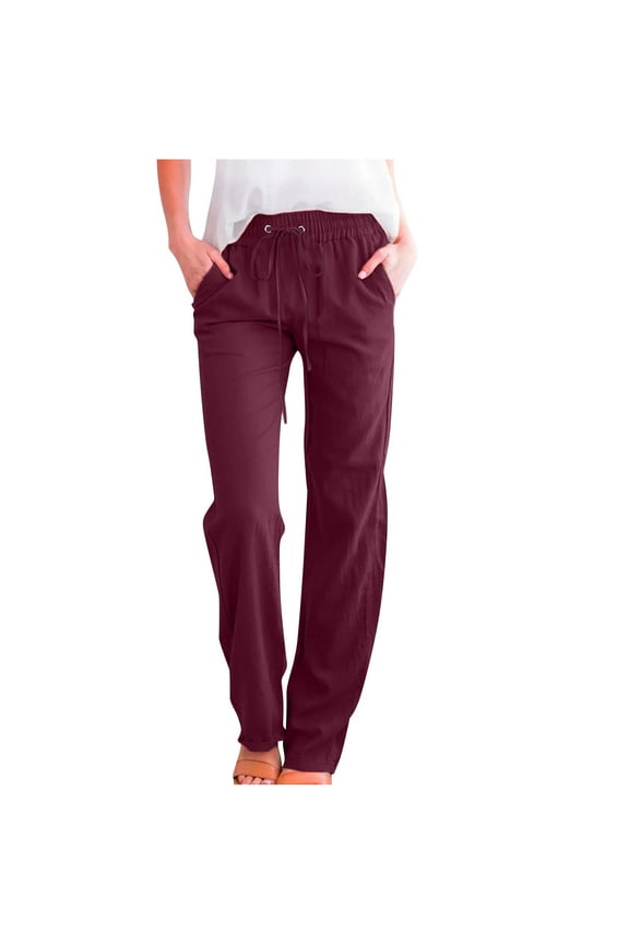 Womens Cotton Linen Lounge Pants Casual Solid Color Elastic Waist Hiking Pants with Pockets Wine L