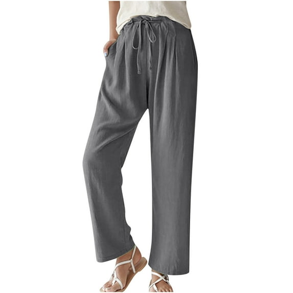 Owordtank Womens Drawstring Capris Elastic Solid Color Trouser Casual Cotton Linen Pencil Pants