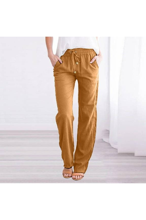 Womens Elastic Waist Lounge Pants Drawstring Cotton Linen Solid Color Casual Hiking Pants with Pockets Yellow 3XL