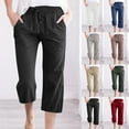 thumbnail image 1 of Owordtank Capri Pants for Women Casual Summer Drawstring Capris Linen Pants Wide Leg Cropped Trousers, 1 of 6