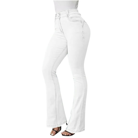 Owordtank Womens Plus Size Bell Bottom Jeans Fashion High Waisted Denim Flare Pants