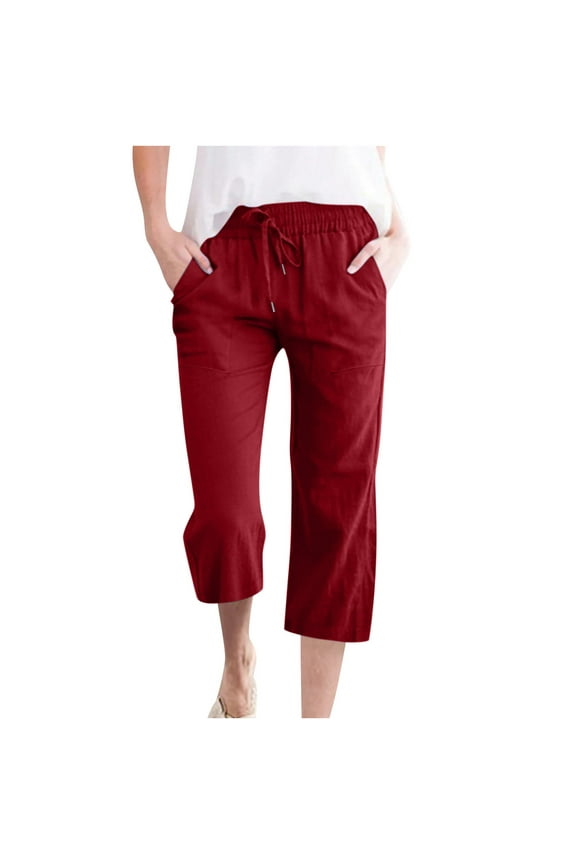 Womens Plus Size Cotton Linen Capris Summer Casual Drawstring Elastic Waist Cropped Pants