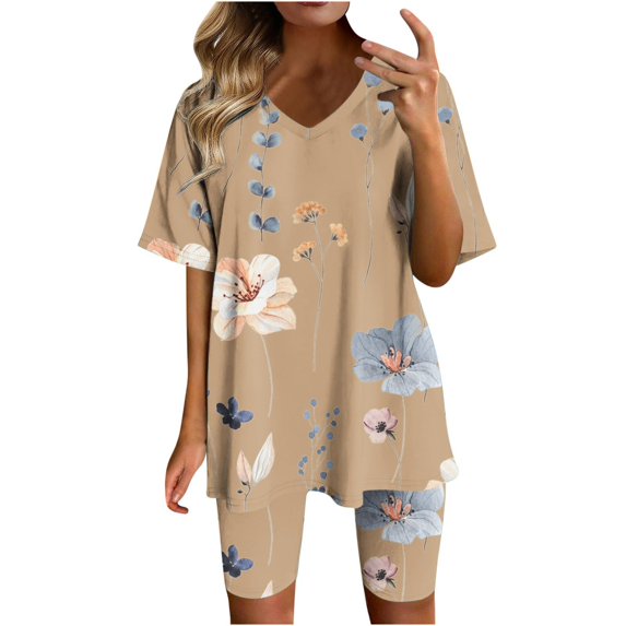Owordtank Womens Short Sets for Summer Casual Short Sleeve Floral Tops Elastic Waist Shorts