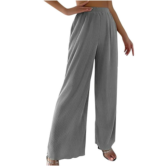 Owordtank Womens Solid Color Cotton Linen Elastic Summer Wide Leg Casual Pants Trouser