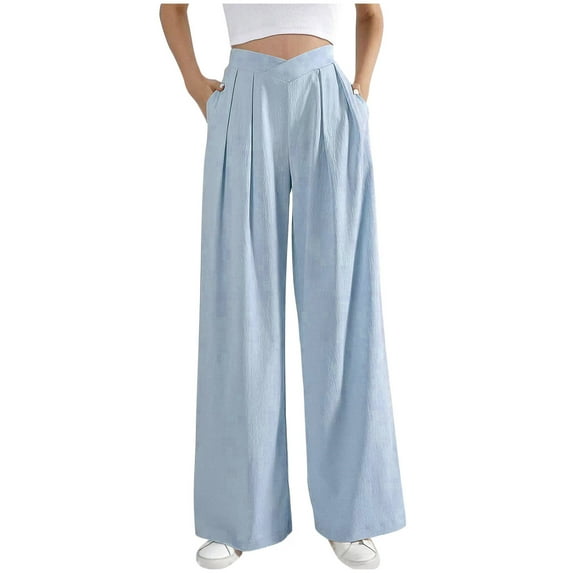 Owordtank Women Dressy V Cut High Waisted Pleated Pants Casual Wide Leg Trousers Linen Suit Pants